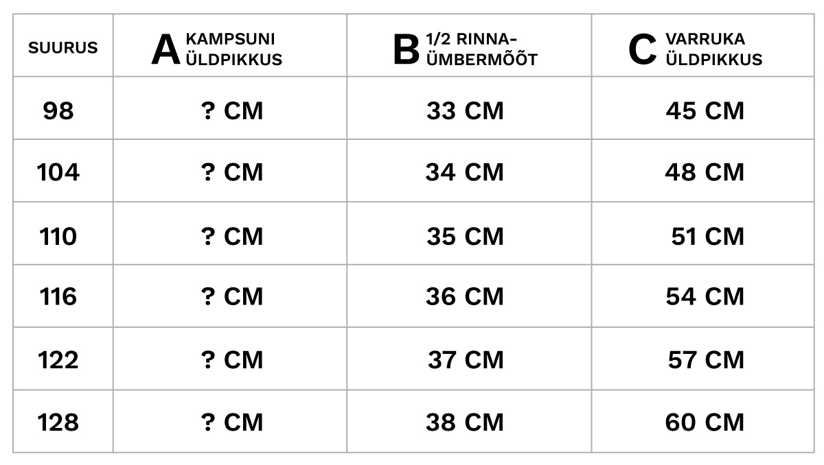 Laste kampsuni mõõdutabel