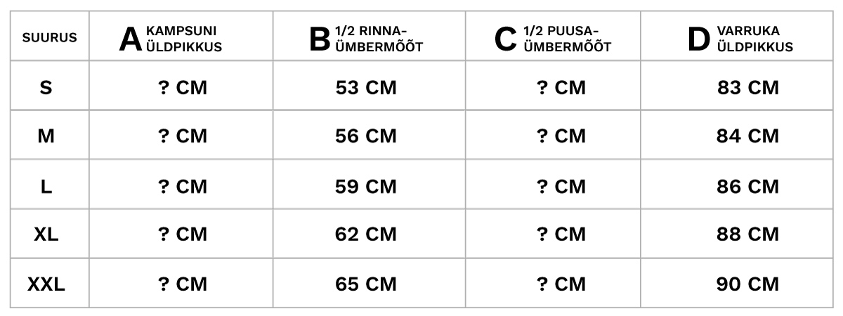 Meeste kampsuni mõõdutabel